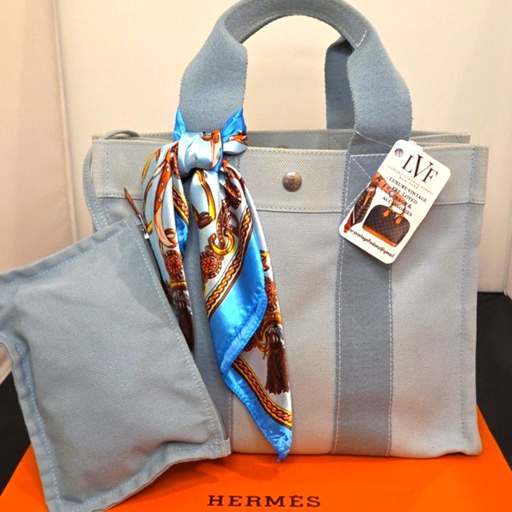 HERMES Vintage 1990s Fourre-Tout MM tote Ice Blue W/Pouch Rare Color